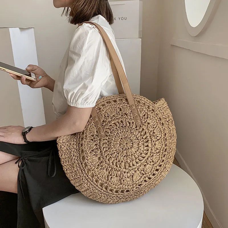 Crochet Market Bag - Fashion Round Crochet Straw Tote Bag