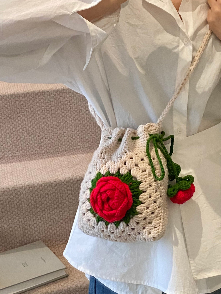 Crochet Market Bag - Handcrafted Rose Flower Crochet Mobile Phone