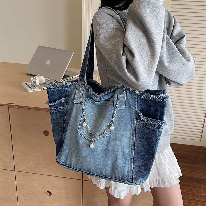 Trendy Distressed Denim Tote B – Women Bags Jeans recenzja i cena